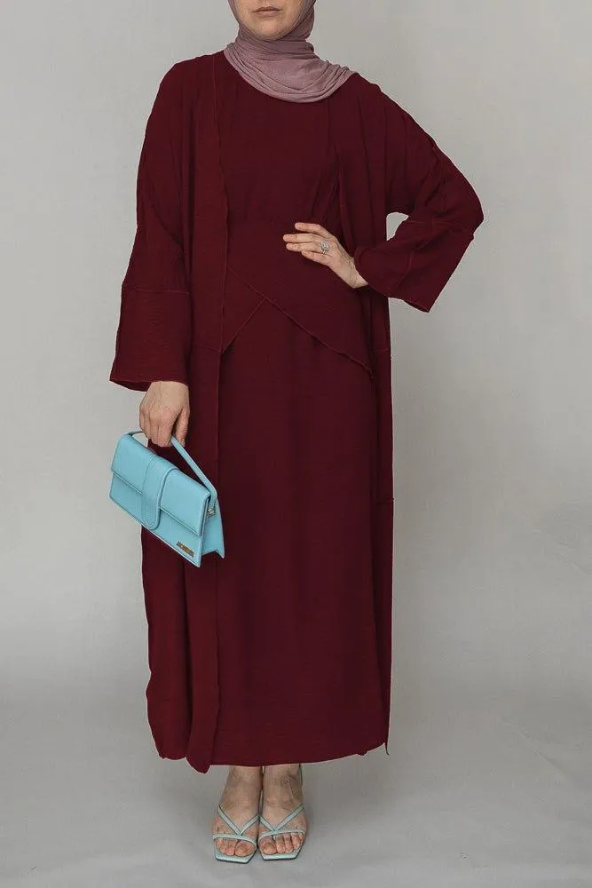 Red three piece maxi abaya with apron and inside out stitching