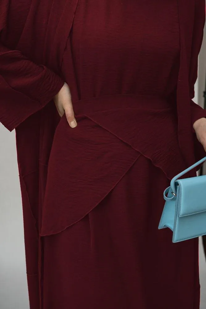 Red three piece maxi abaya with apron and inside out stitching
