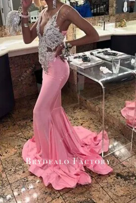 Rhinestones Plunging Neck Flamingo Mermaid Prom Dress