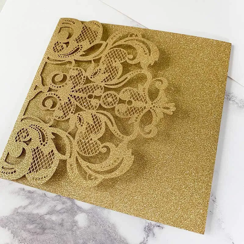 Rococo Laser Cut Pocket Fold Wedding Invitation- Gold Glitter