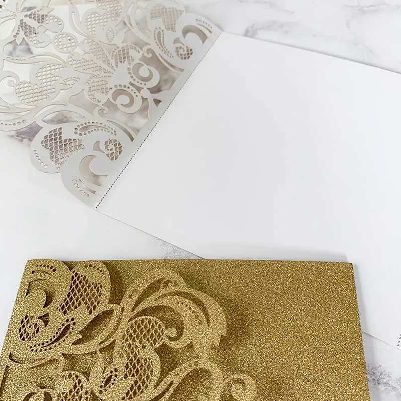 Rococo Laser Cut Pocket Fold Wedding Invitation- Gold Glitter
