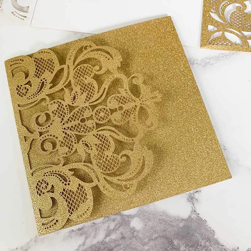 Rococo Laser Cut Pocket Fold Wedding Invitation- Gold Glitter