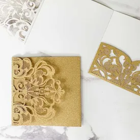 Rococo Laser Cut Pocket Fold Wedding Invitation- Gold Glitter