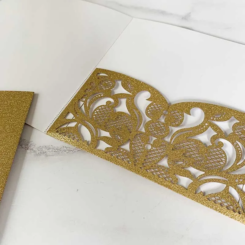 Rococo Laser Cut Pocket Fold Wedding Invitation- Gold Glitter