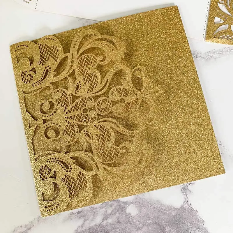Rococo Laser Cut Pocket Fold Wedding Invitation- Gold Glitter