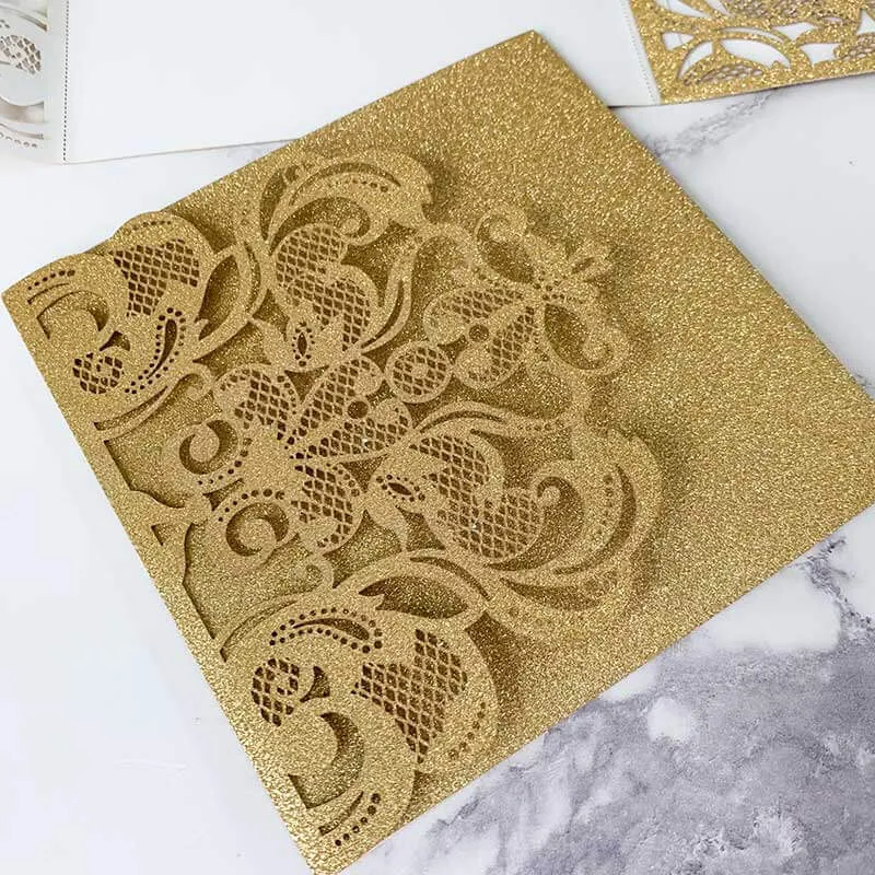 Rococo Laser Cut Pocket Fold Wedding Invitation- Gold Glitter