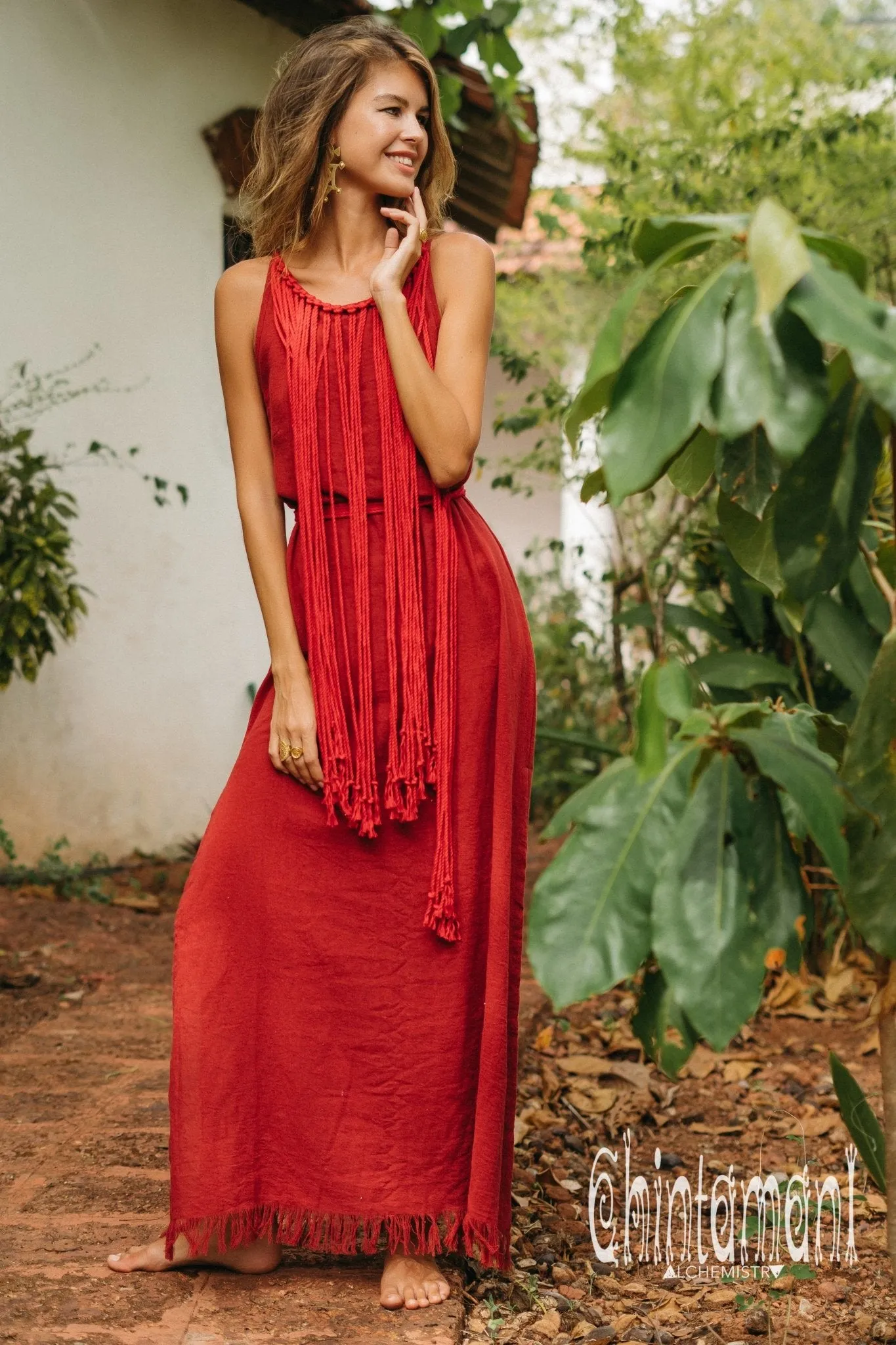 Rope Collar Boho Maxi Dress / Red Ochre