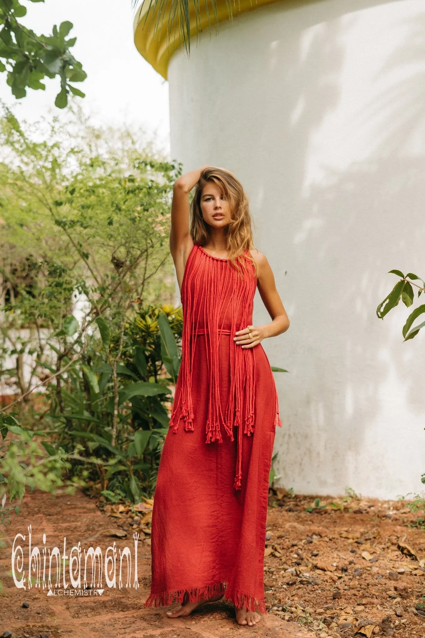 Rope Collar Boho Maxi Dress / Red Ochre