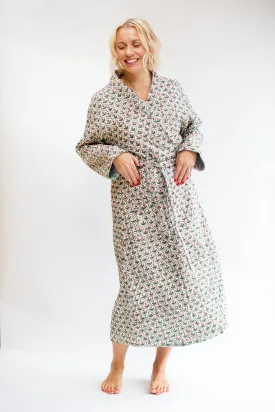 SALE Luxury Quilted Hand Block Print Robe - Green & Pink Floral Print