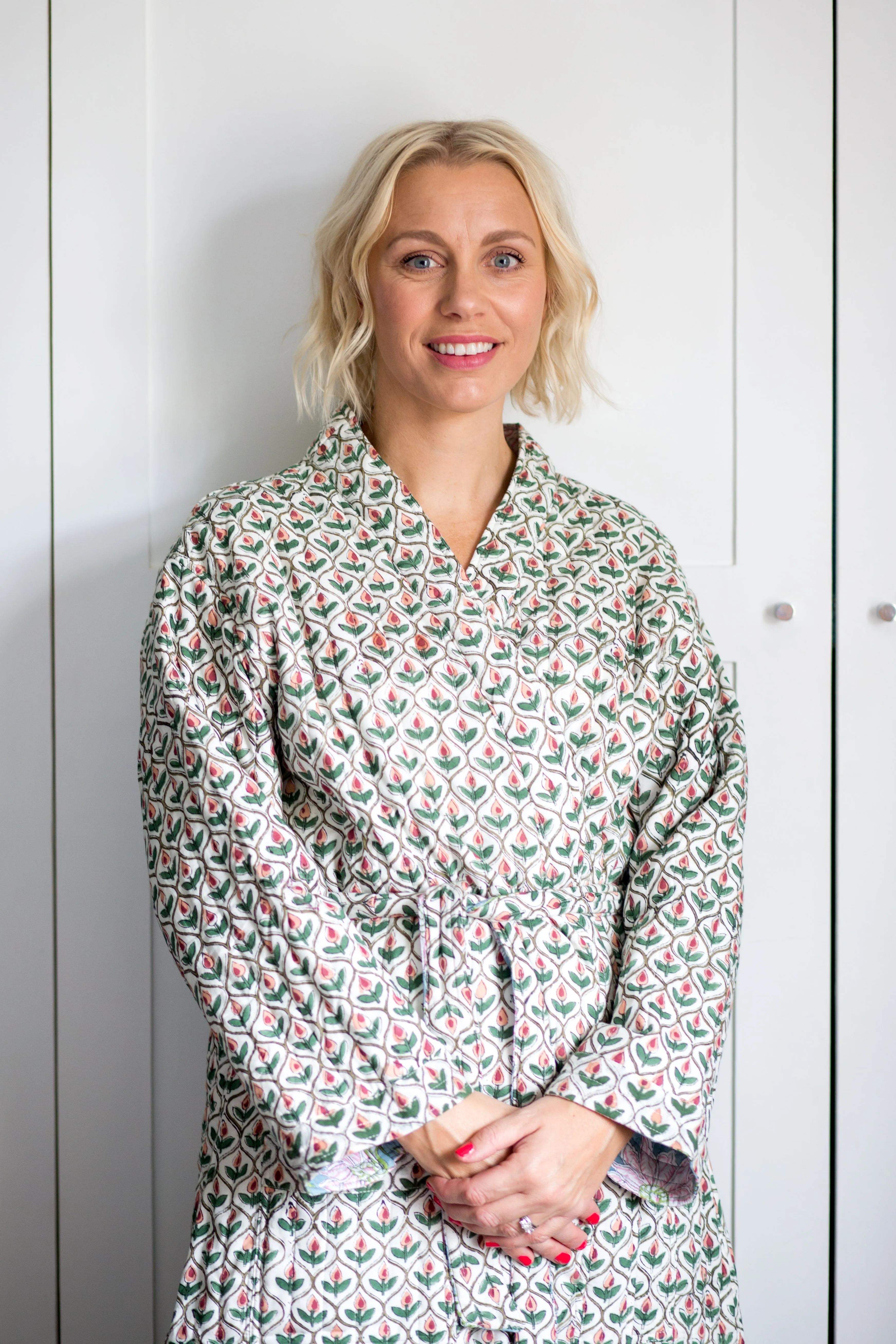 SALE Luxury Quilted Hand Block Print Robe - Green & Pink Floral Print