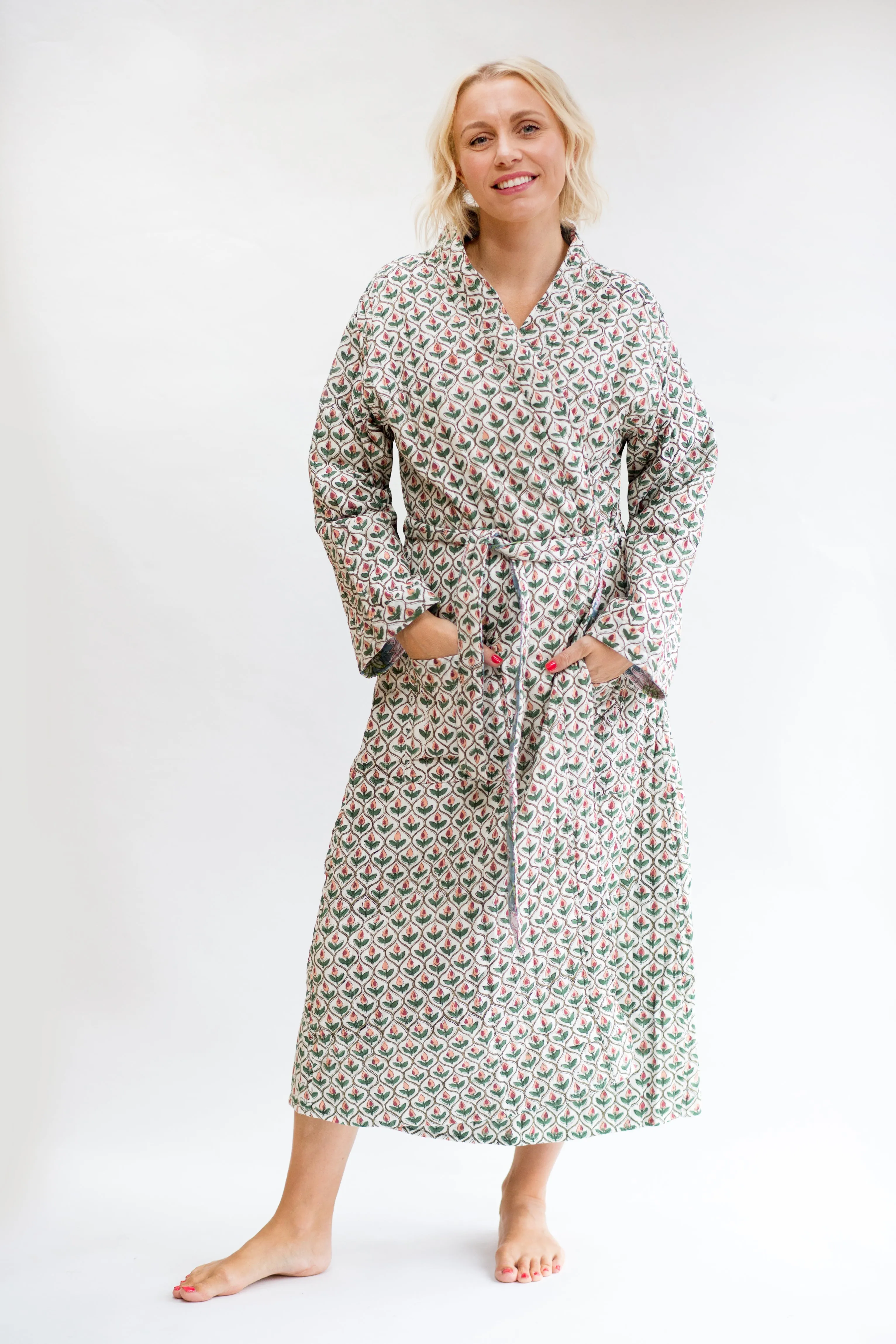 SALE Luxury Quilted Hand Block Print Robe - Green & Pink Floral Print