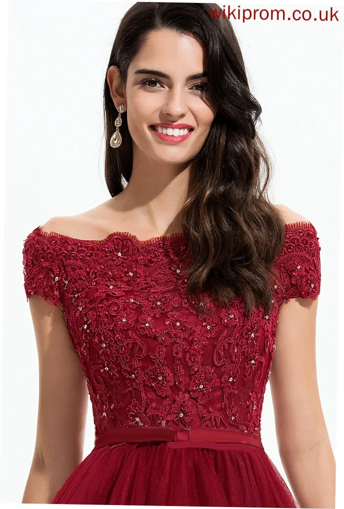 Sequins Sleeve Asymmetrical Neckline Lace Embellishment Beading Tulle Bow(s) Off-the-Shoulder Fabric Length Bridesmaid Dresses