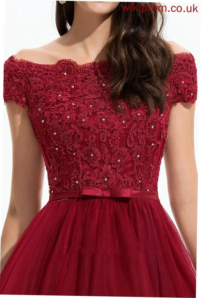 Sequins Sleeve Asymmetrical Neckline Lace Embellishment Beading Tulle Bow(s) Off-the-Shoulder Fabric Length Bridesmaid Dresses