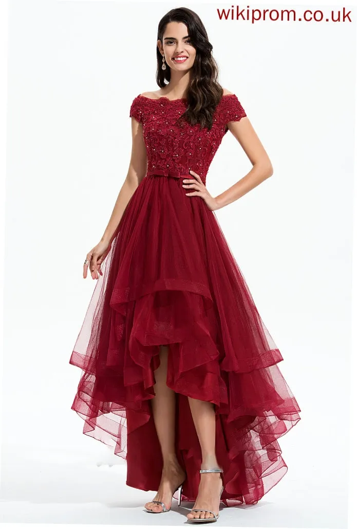 Sequins Sleeve Asymmetrical Neckline Lace Embellishment Beading Tulle Bow(s) Off-the-Shoulder Fabric Length Bridesmaid Dresses