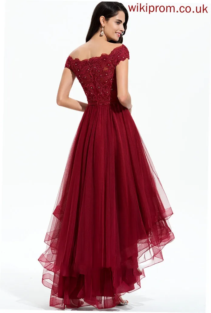 Sequins Sleeve Asymmetrical Neckline Lace Embellishment Beading Tulle Bow(s) Off-the-Shoulder Fabric Length Bridesmaid Dresses