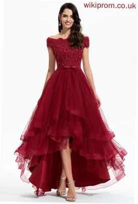 Sequins Sleeve Asymmetrical Neckline Lace Embellishment Beading Tulle Bow(s) Off-the-Shoulder Fabric Length Bridesmaid Dresses