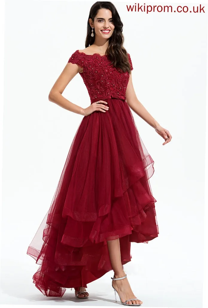 Sequins Sleeve Asymmetrical Neckline Lace Embellishment Beading Tulle Bow(s) Off-the-Shoulder Fabric Length Bridesmaid Dresses