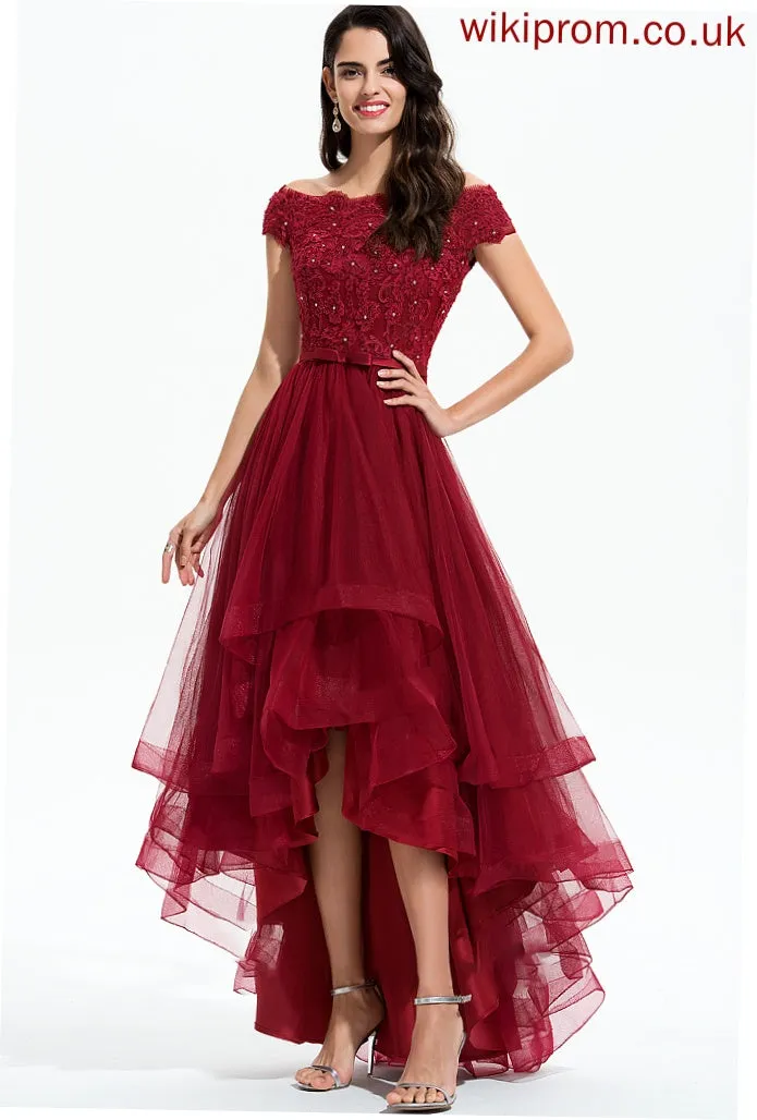 Sequins Sleeve Asymmetrical Neckline Lace Embellishment Beading Tulle Bow(s) Off-the-Shoulder Fabric Length Bridesmaid Dresses