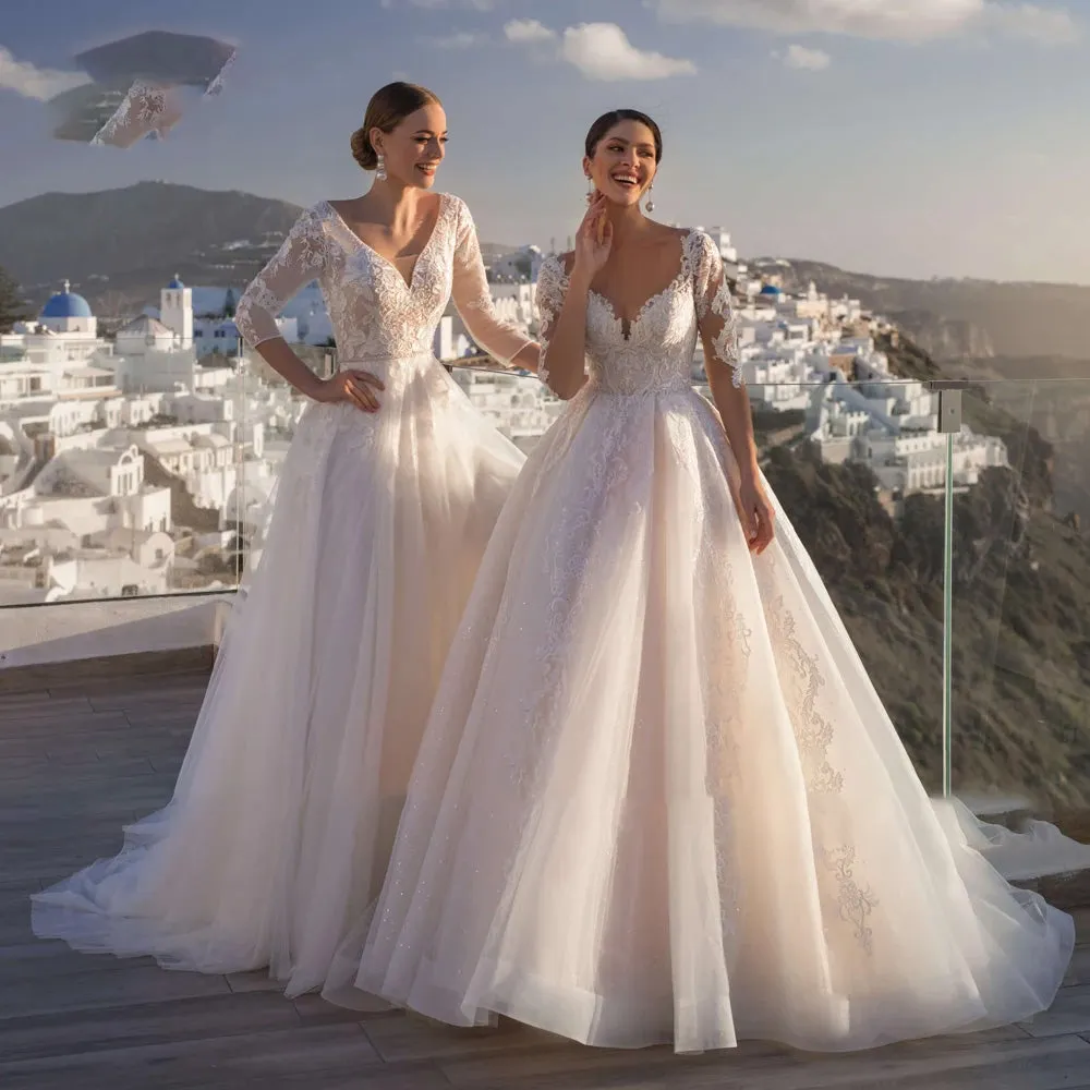Sexy Backless V Neck Half Sleeve Lace A-Line Wedding Dresses Luxury Beaded Sweep Train Vintage Bride Gown
