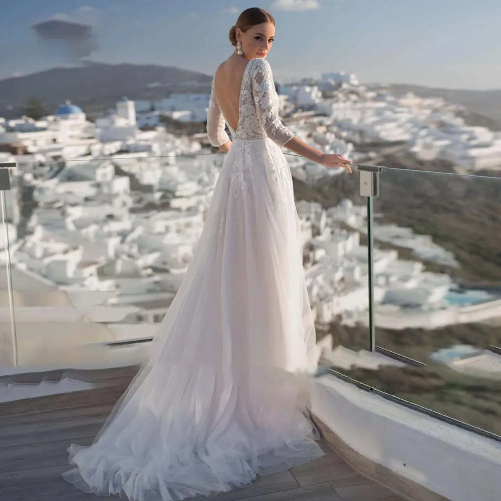 Sexy Backless V Neck Half Sleeve Lace A-Line Wedding Dresses Luxury Beaded Sweep Train Vintage Bride Gown