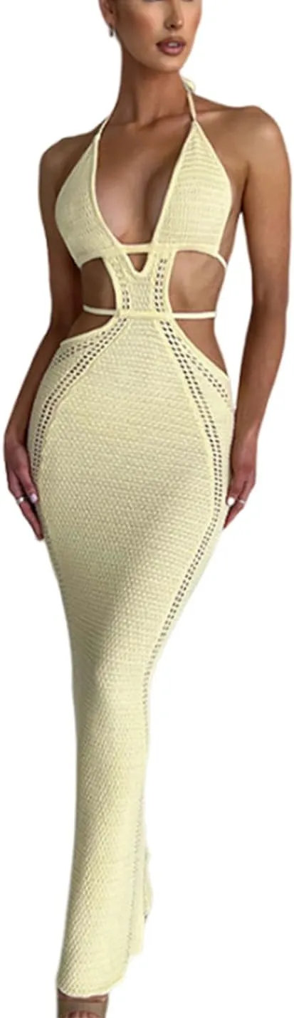 Sexy Crochet Maxi Dress for Women Bodycon Backless Strapless Halter Dress Hollow Out Knit Long Beach Dress Summer