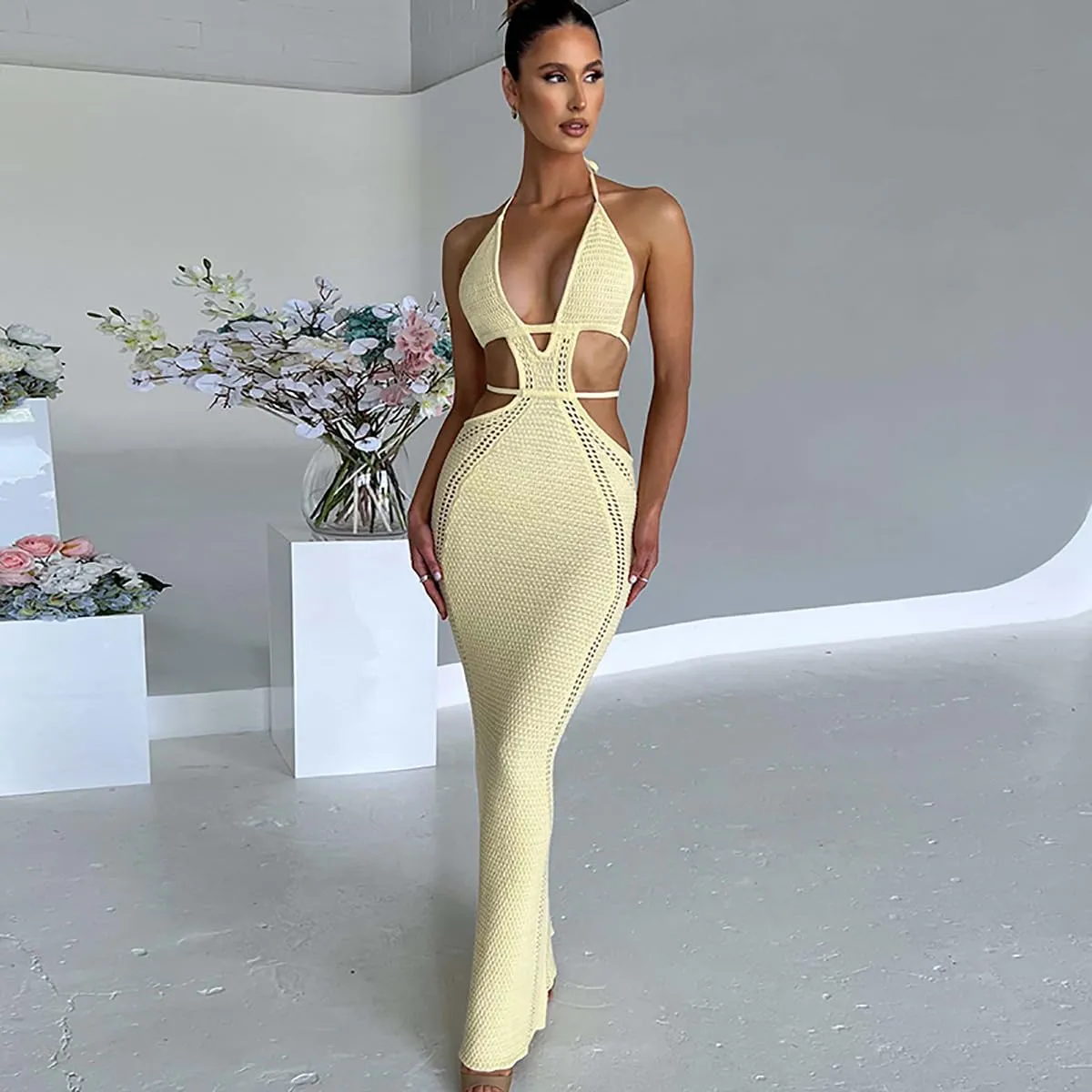 Sexy Crochet Maxi Dress for Women Bodycon Backless Strapless Halter Dress Hollow Out Knit Long Beach Dress Summer