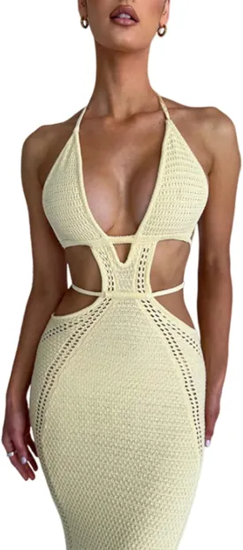 Sexy Crochet Maxi Dress for Women Bodycon Backless Strapless Halter Dress Hollow Out Knit Long Beach Dress Summer