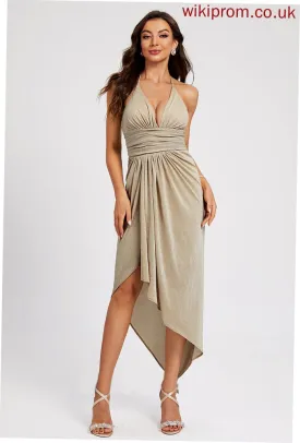 Sheath/Column Polyester Halter Cocktail Dresses Cocktail Pleated Asymmetrical Setlla Front With Split Dress