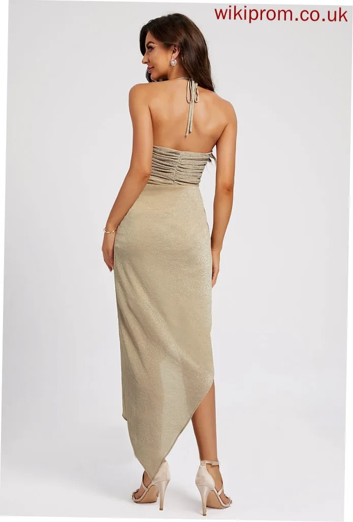 Sheath/Column Polyester Halter Cocktail Dresses Cocktail Pleated Asymmetrical Setlla Front With Split Dress