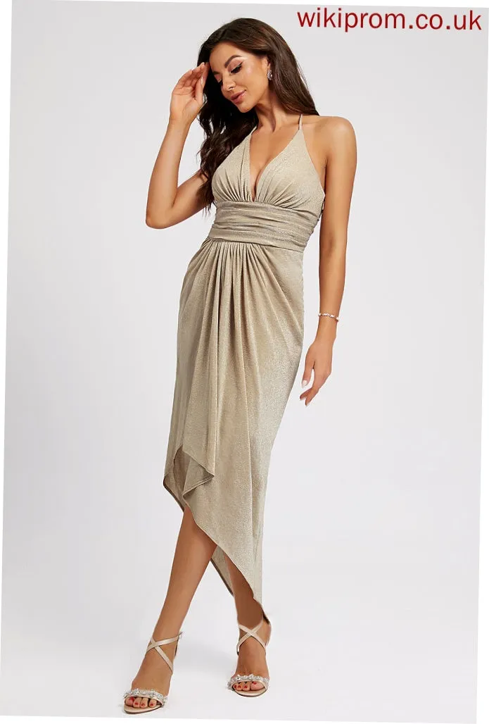 Sheath/Column Polyester Halter Cocktail Dresses Cocktail Pleated Asymmetrical Setlla Front With Split Dress