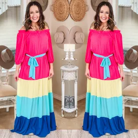Soul of Sunshine Off the Shoulder Color Block Maxi Dress in Pink, Yellow, and Blue