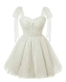 Sparkly Starry White Tulle Short Homecoming Dresses Spaghetti Bow Straps Prom Dress Sequin Cocktail Party Dress for Teens