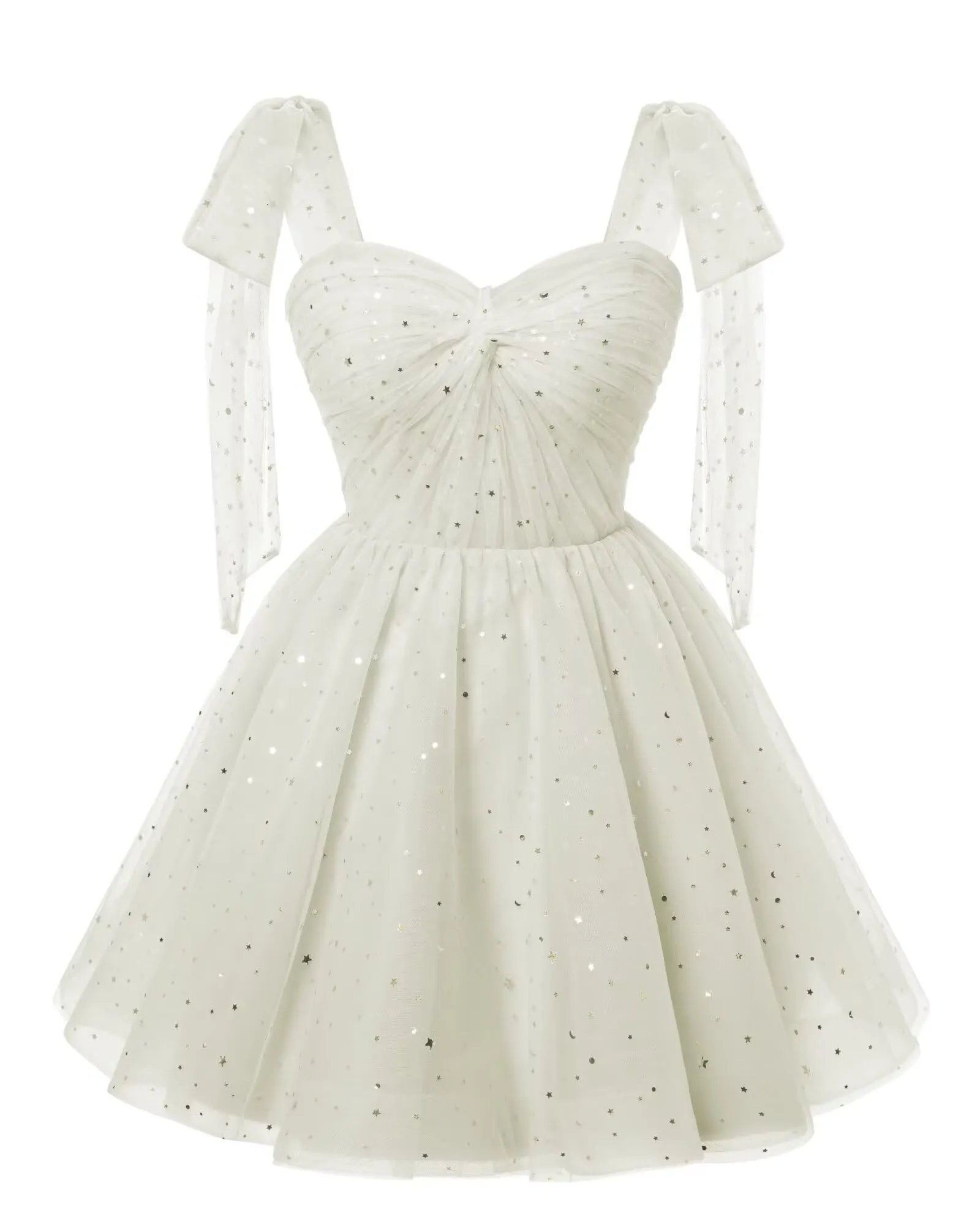 Sparkly Starry White Tulle Short Homecoming Dresses Spaghetti Bow Straps Prom Dress Sequin Cocktail Party Dress for Teens