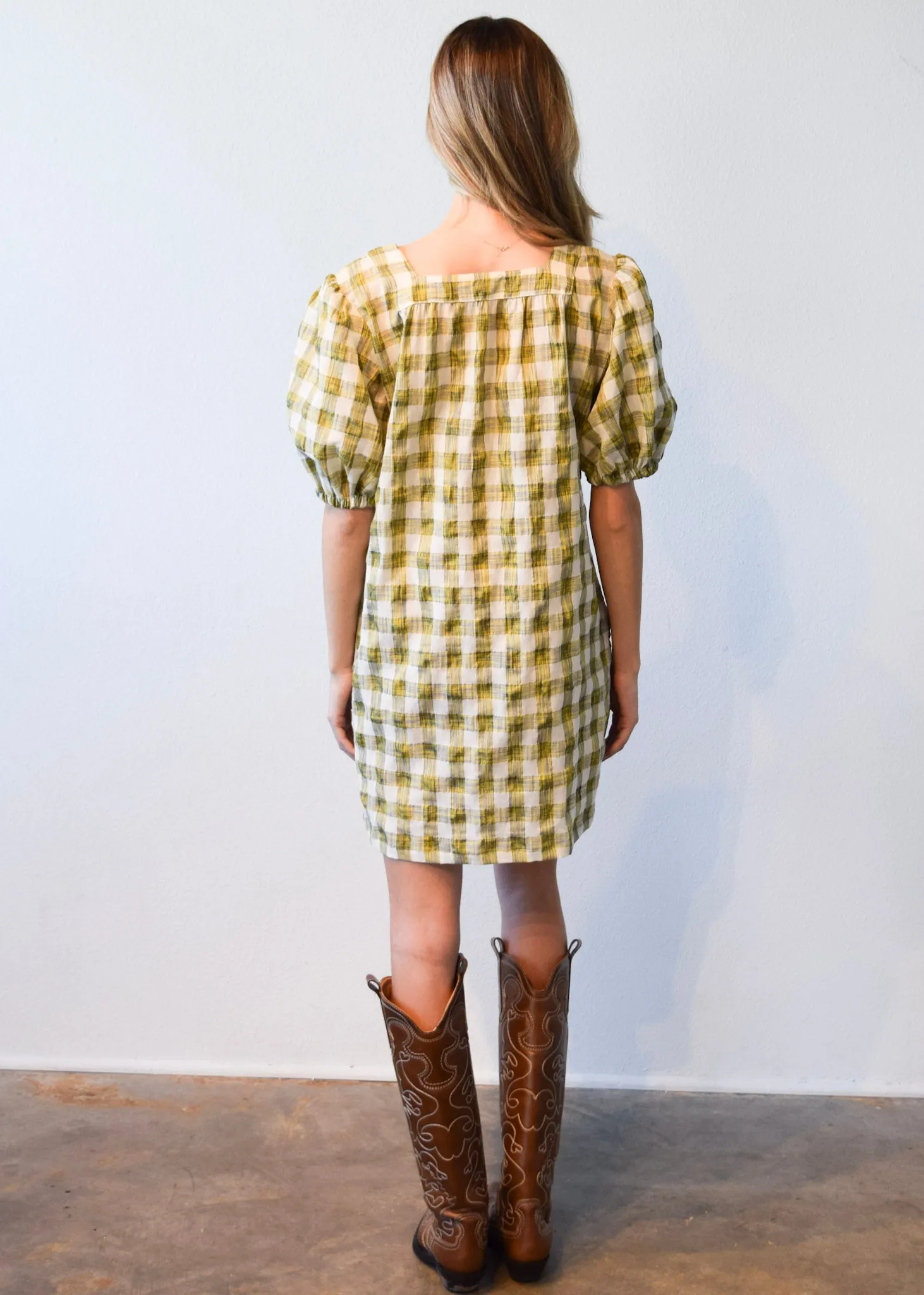 Square Neck Short Dress Yellow Plaid