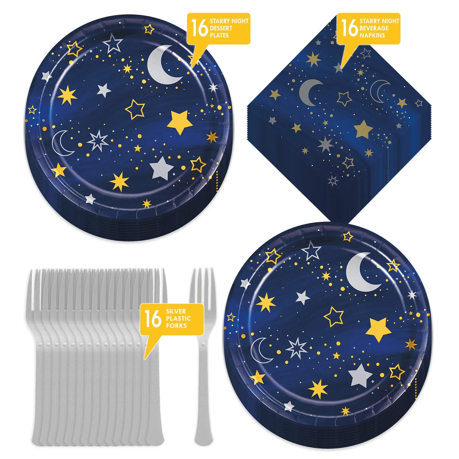 Starry Night Party - Metallic Twinkle Star and Moon Paper Dessert Plates, Beverage Napkins, and Forks (Serves 16)