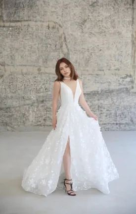 Style E2408 - Deep-V neck Satin bodice 3D floral lace skirt A-line thigh slit modern wedding dress