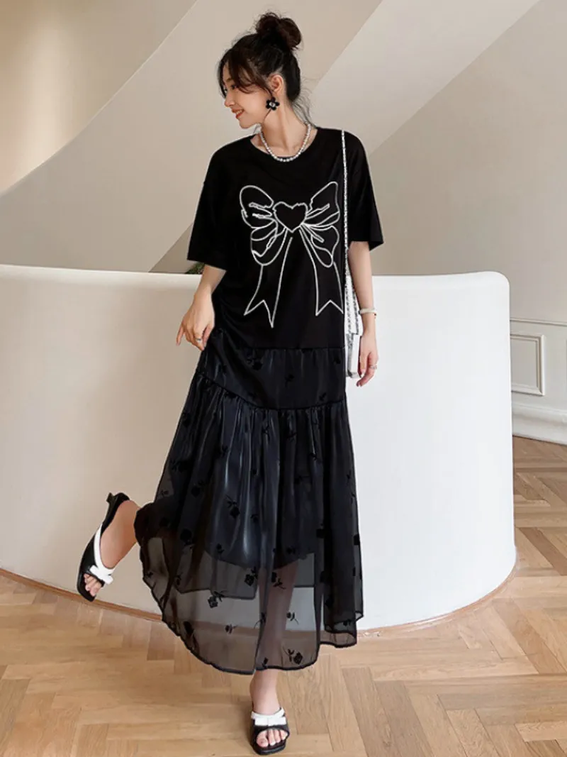 Summer Black Round Neck  Short Sleeve A Line Casual Dress