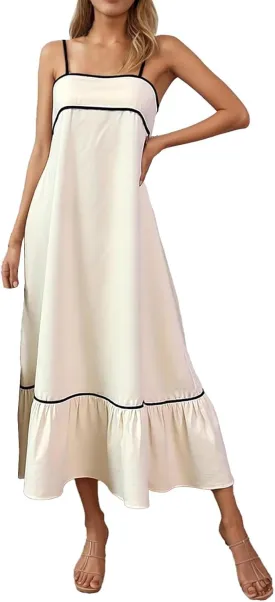 Sundress for Women Sleeveless Spaghetti Straps Tie Back Casual Maxi Dresses Pleated Loose Elegant Trendy Midi Dress