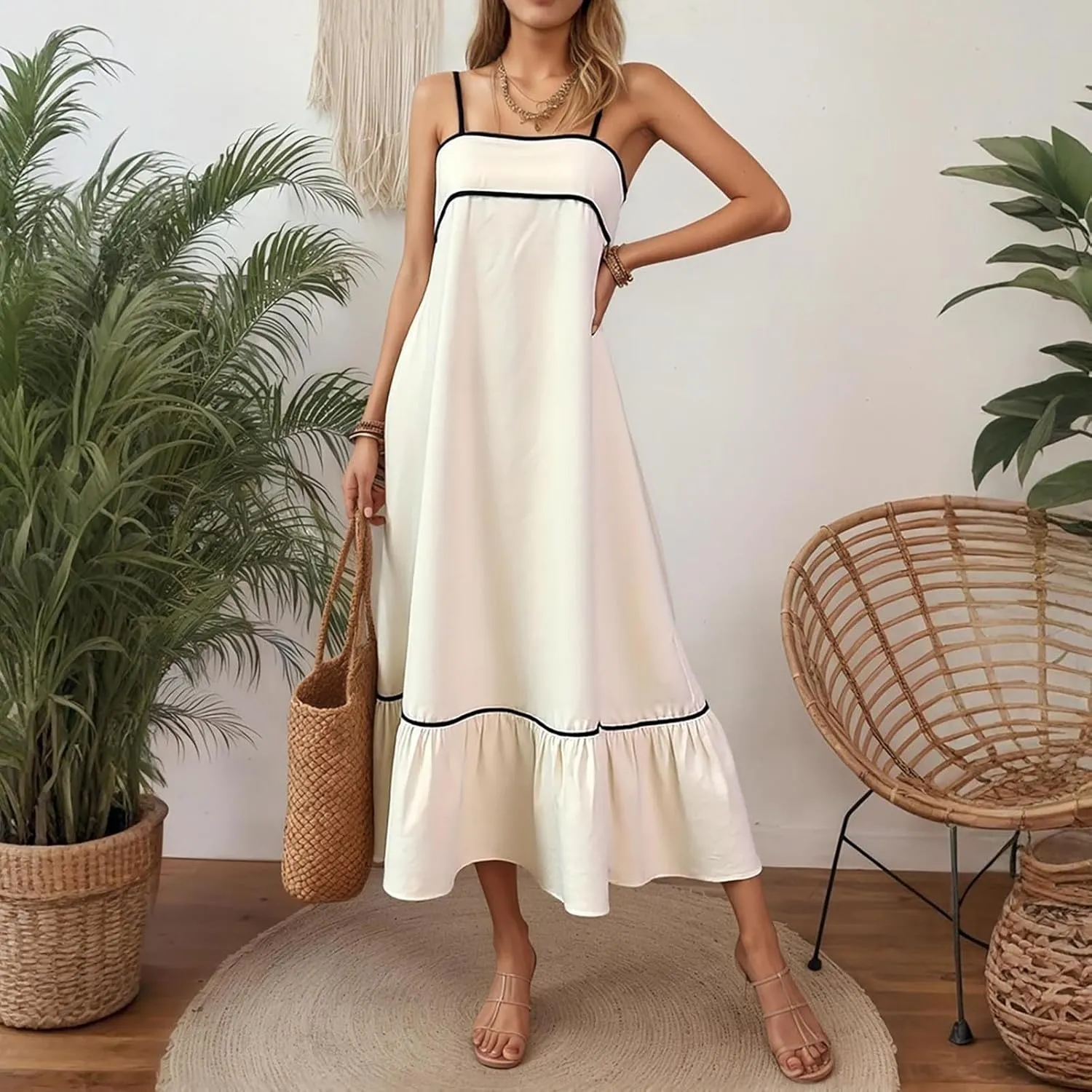 Sundress for Women Sleeveless Spaghetti Straps Tie Back Casual Maxi Dresses Pleated Loose Elegant Trendy Midi Dress
