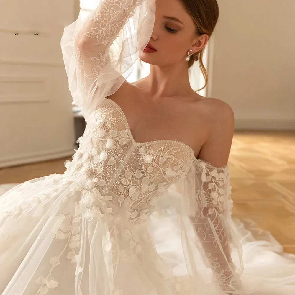 Sweetheart Long Puff Sleeve Lace A-Line Vintage Wedding Dress LuxuryvCourt Train