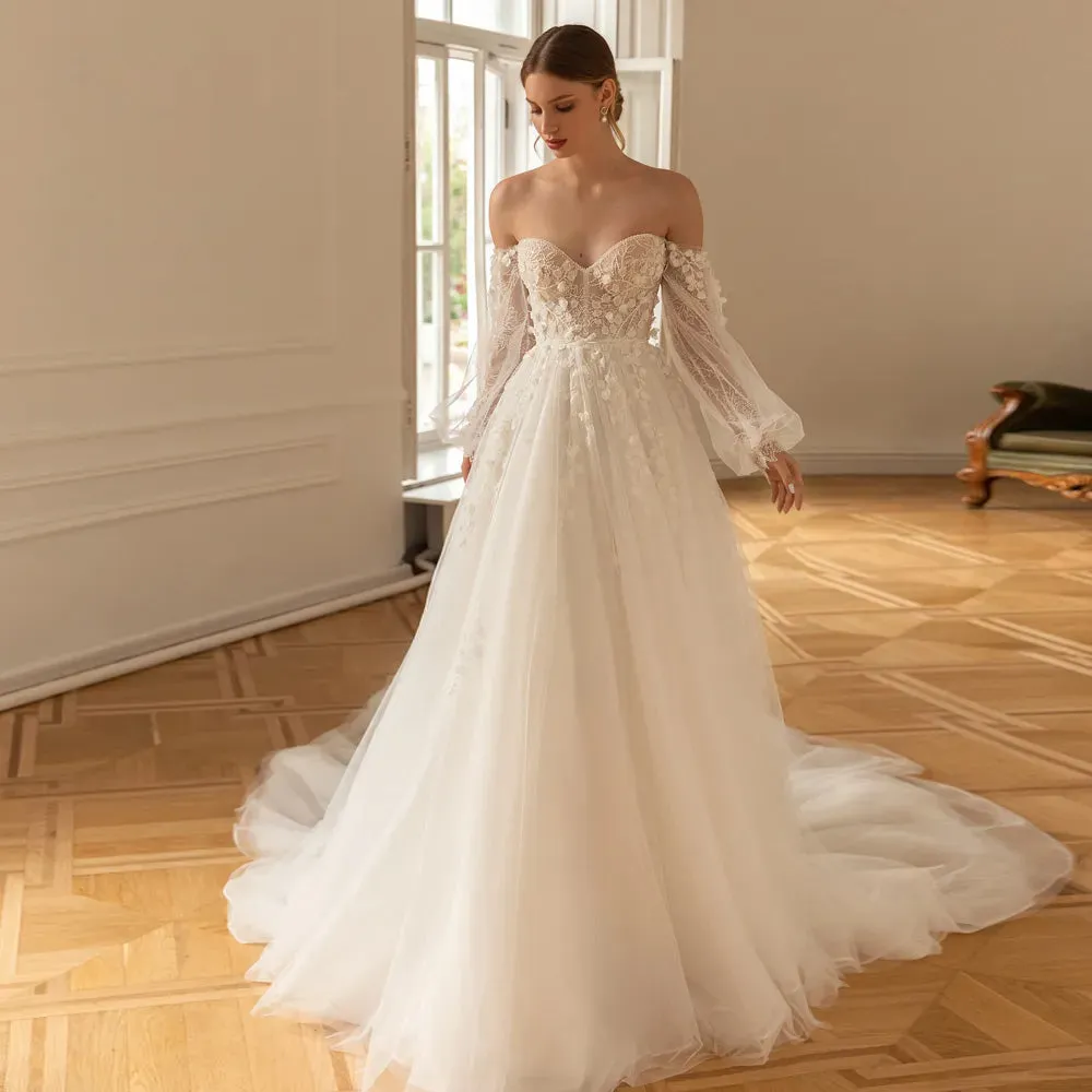 Sweetheart Long Puff Sleeve Lace A-Line Vintage Wedding Dress LuxuryvCourt Train