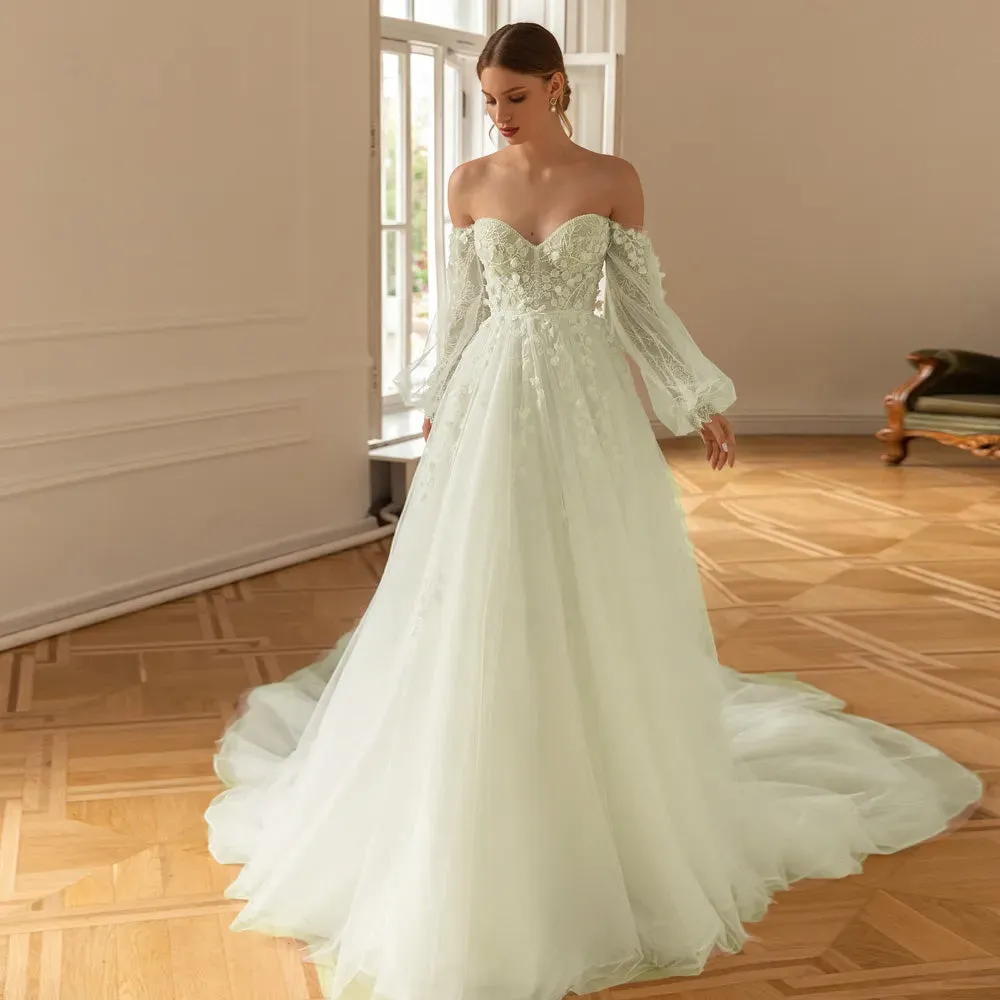 Sweetheart Long Puff Sleeve Lace A-Line Vintage Wedding Dress LuxuryvCourt Train