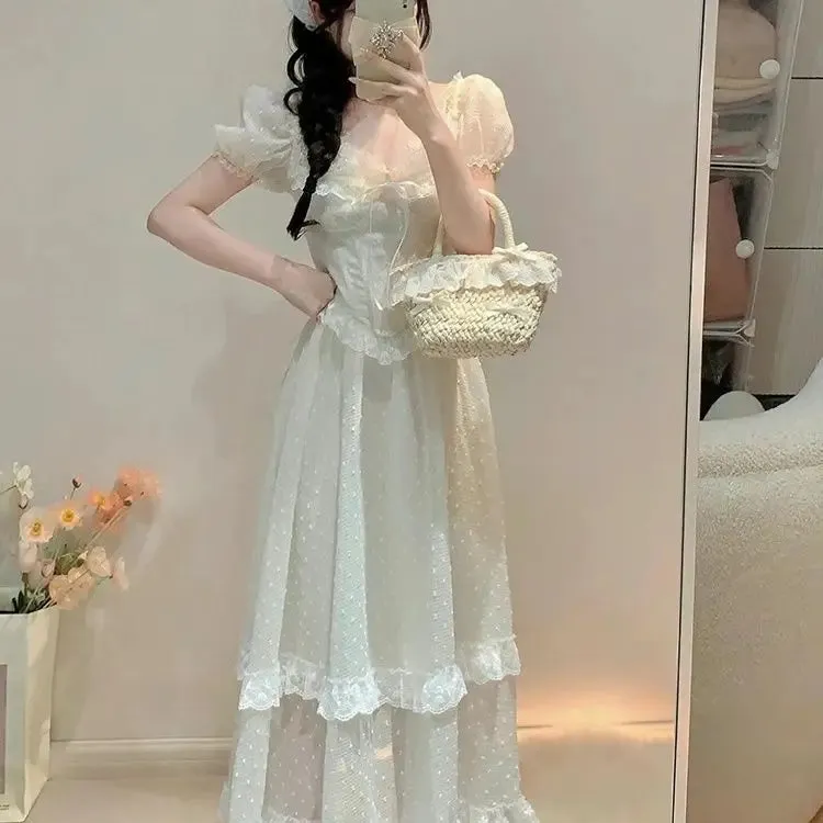 TAVIMART  -  Princess Dress Goddess Style Tea Break French Fairy Long Dress Atmosphere Seaside Vacation White Dress Summer Girl Dress