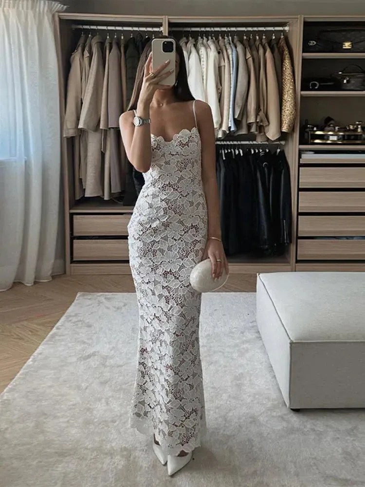 TAVIMART  -  Women's Sexy White Hollow Lace Wedding Dress Elegant Backless Square Neck Suspender Vestidos 2024 Summer Lady Party Robes