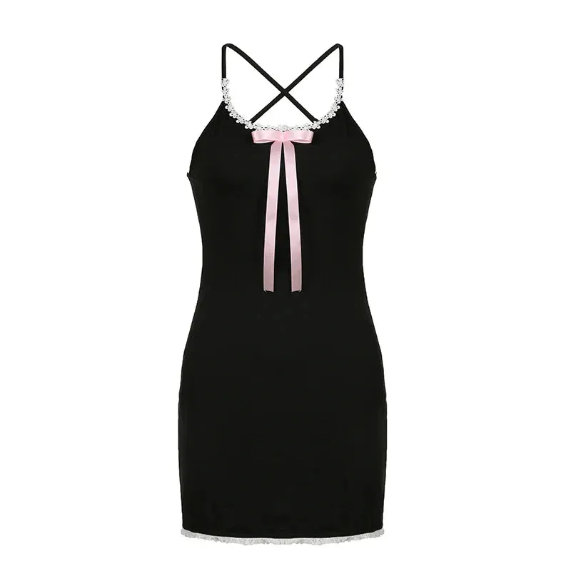 Uniwim Black Lace Bow Halter Backless Dress