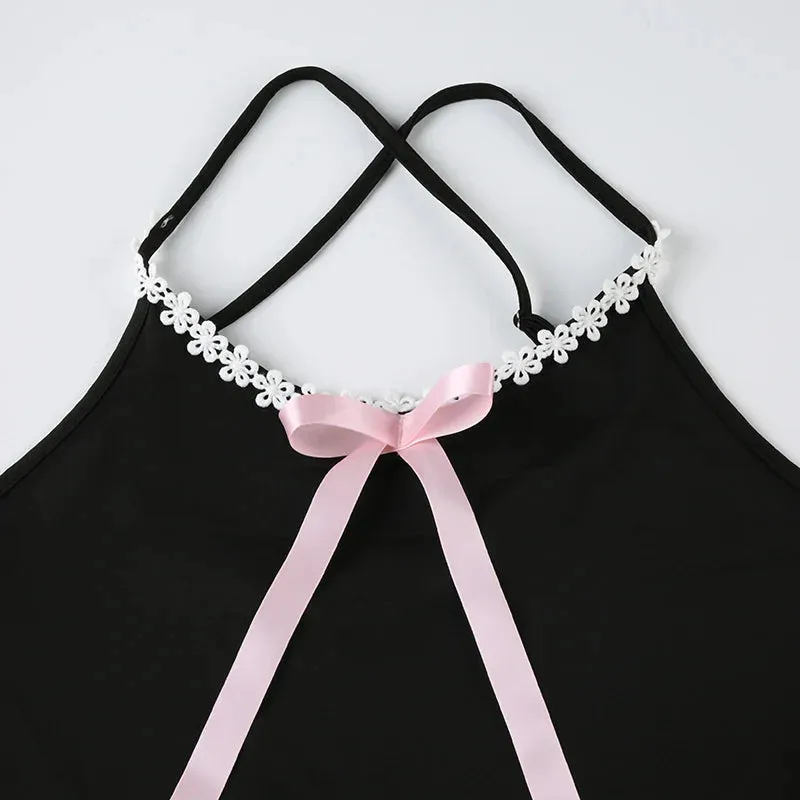 Uniwim Black Lace Bow Halter Backless Dress