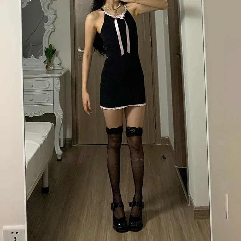 Uniwim Black Lace Bow Halter Backless Dress