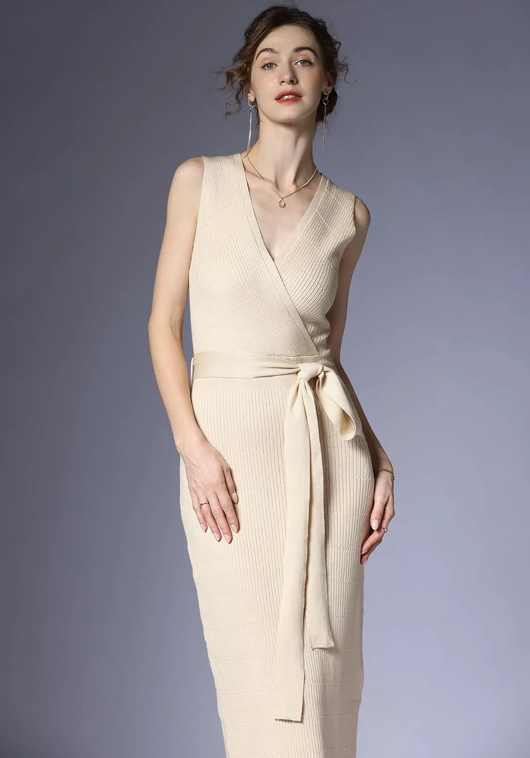 V Neck Sleeveless Midi Sweater Dress Bottom Knitted Bodycon Dress Chic Ribbed Knit Wrap Dress