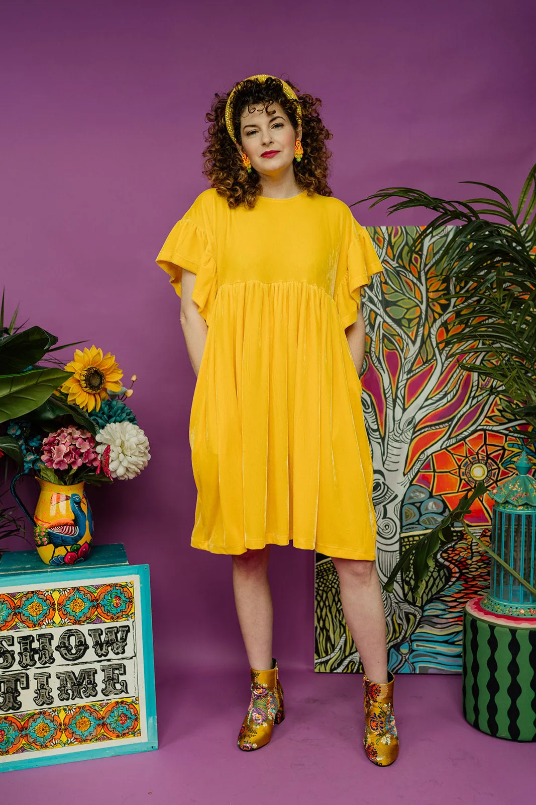 Velvet Summer Smock Dress in Yellow