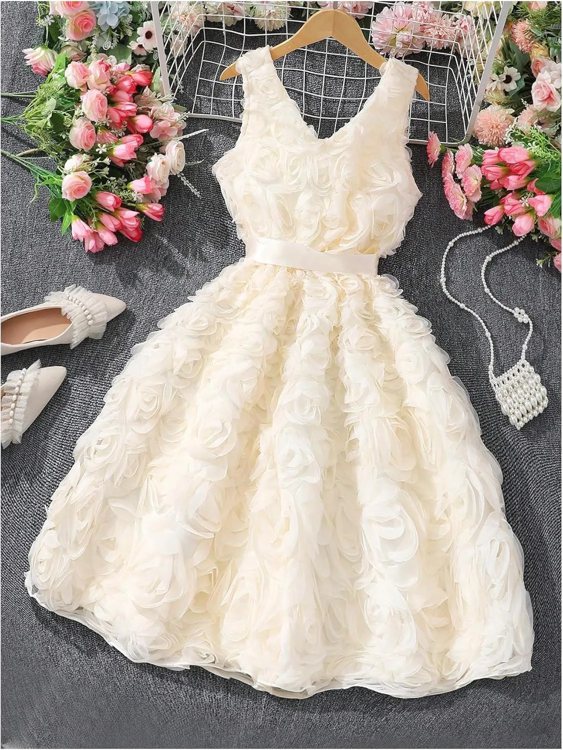 Verdusa Girl's 3D Floral Sleeveless V Neck Dress Mesh Layered Belted Waist Flared Tank Dress